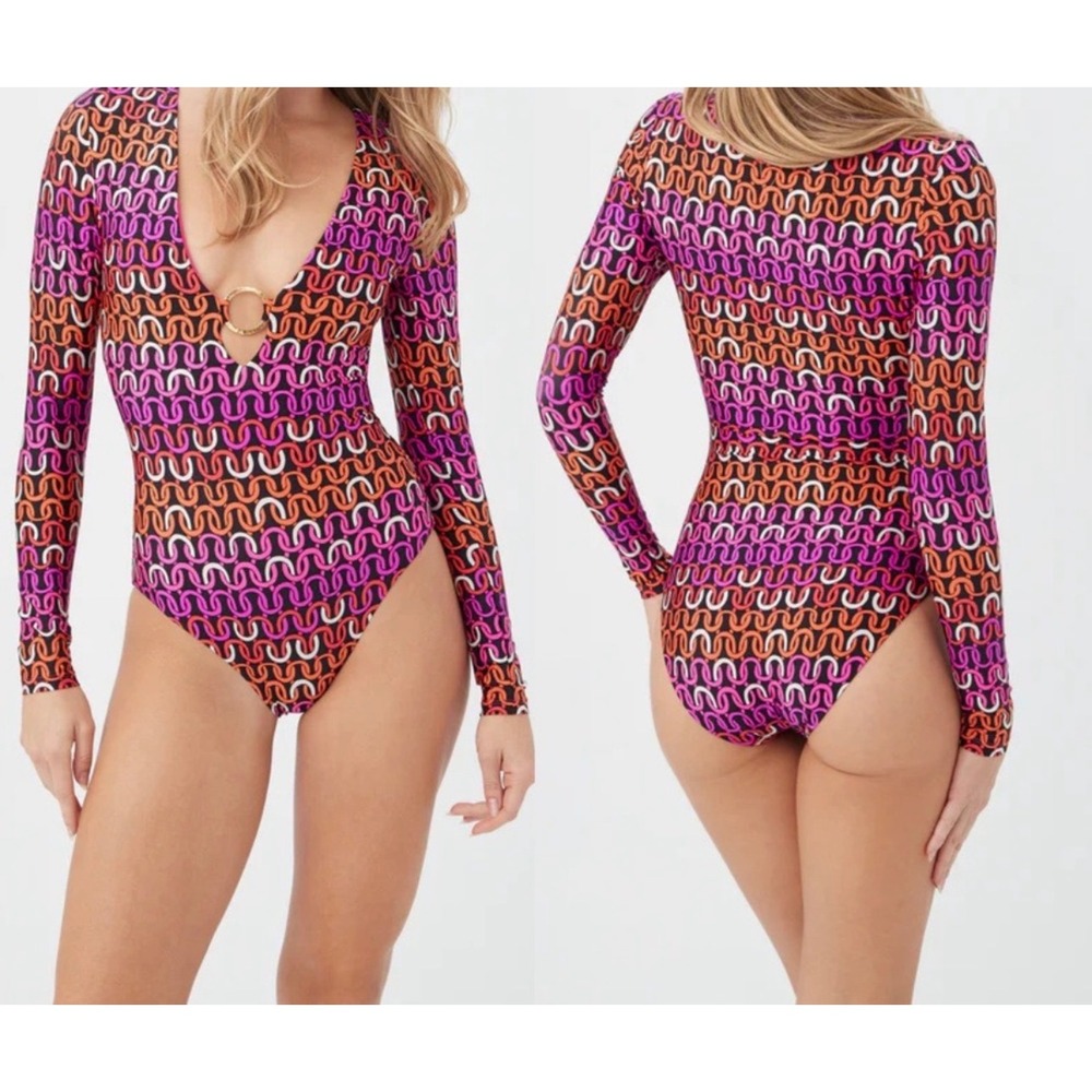 Trina Turk Swimsuit Womens Medium Pink Chain Link Echo Ring Plunge Long Sleeve